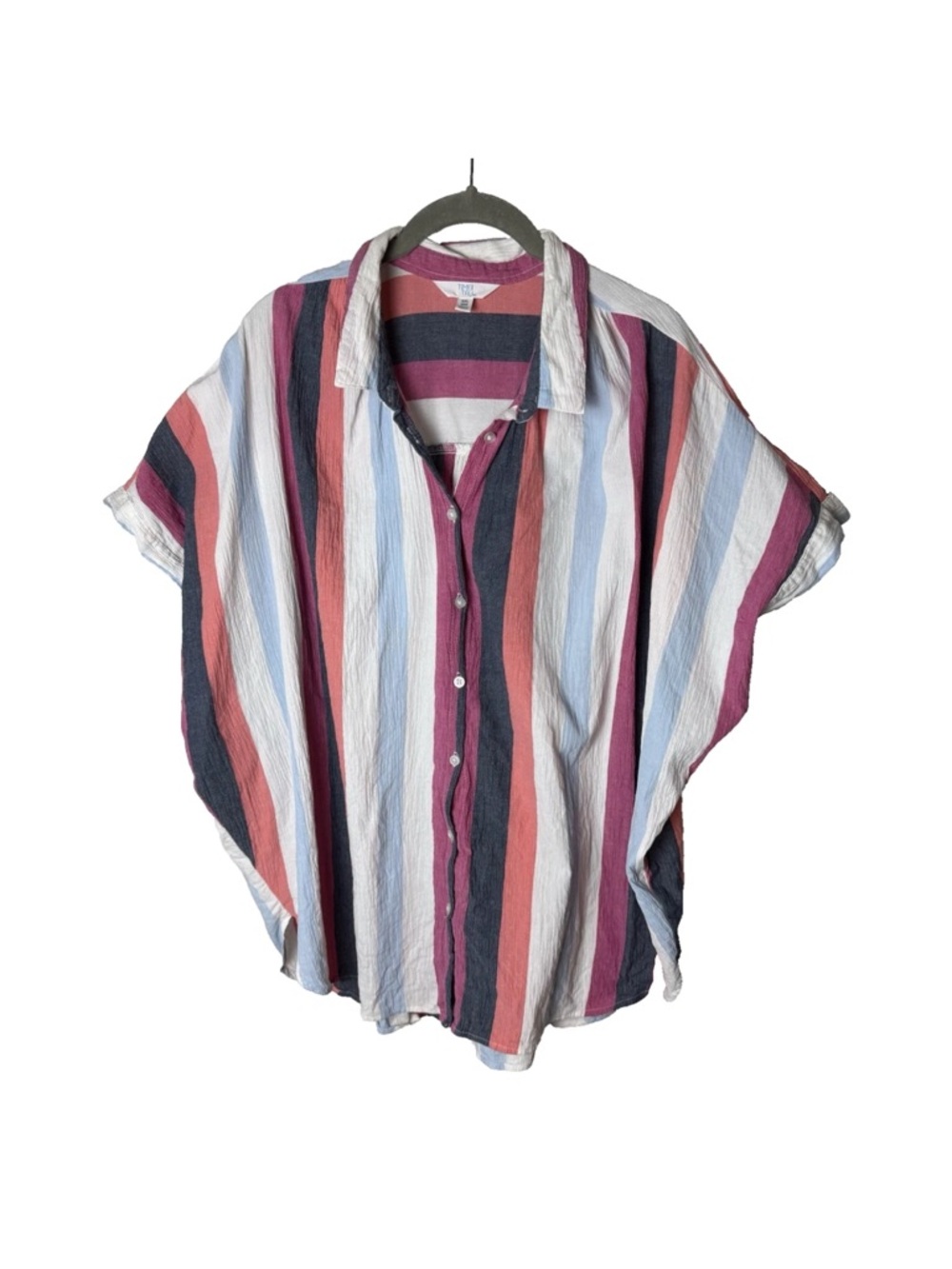 Time & Tru Shirt Plus Size XXL 2XL Top Button Up Short Sleeves Stripes Cotton